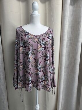 No Comment Mauve Floral Long-Sleeve Scoop Neck Top Feminine Size 2X